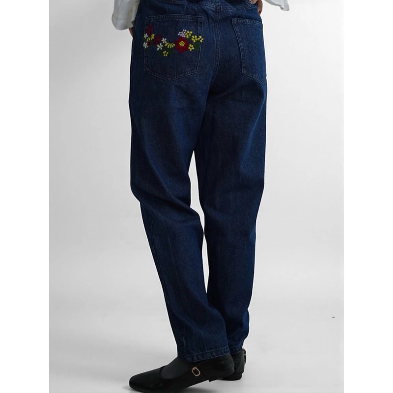 带有花卉刺绣口袋的牛仔锥形裤 - 女装长裤 - 棉．麻 