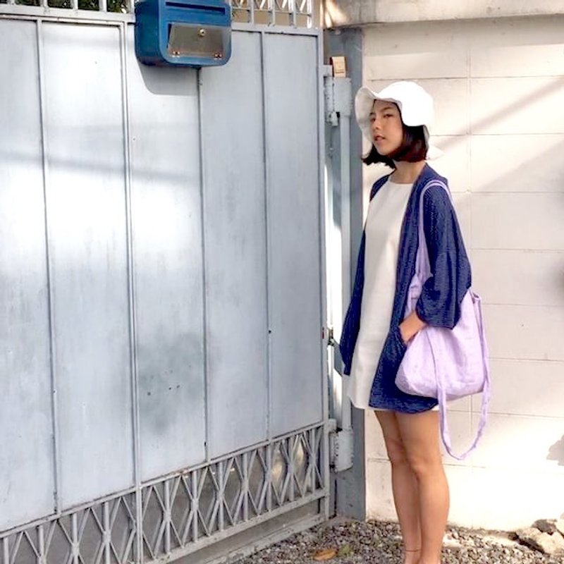 条纹亚麻制手提/肩背包-紫色白色 - 后背包/双肩包 - 棉．麻 紫色