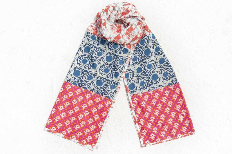 手织纯绵丝巾 手工木刻印植物染围巾 草木染棉丝巾-蓝染藤蔓森林 - 丝巾 - 棉．麻 多色