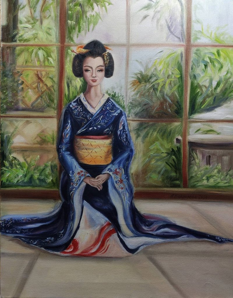 京都艺妓微笑日本传统服饰女子肖像原画 - 墙贴/壁贴 - 其他材质 绿色