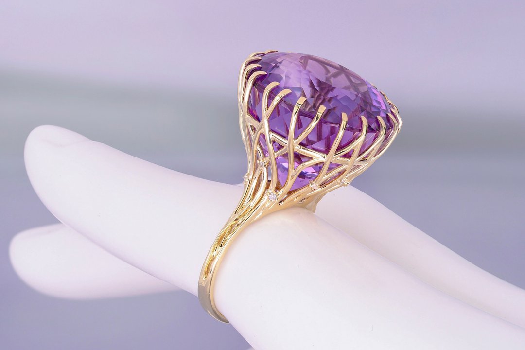 14k gold round cut amethyst cocktail ring with diamonds - 戒指 - 贵金属 金色