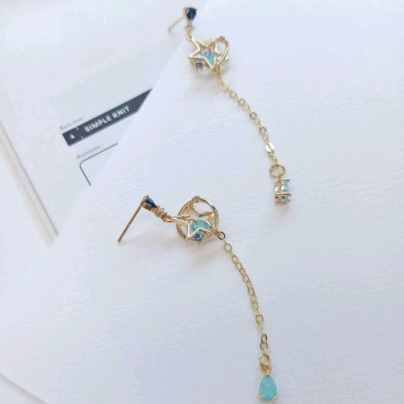 1KM蓝色星尘•立体星环锆石垂墬耳环 - 耳环/耳夹 - 其他金属 