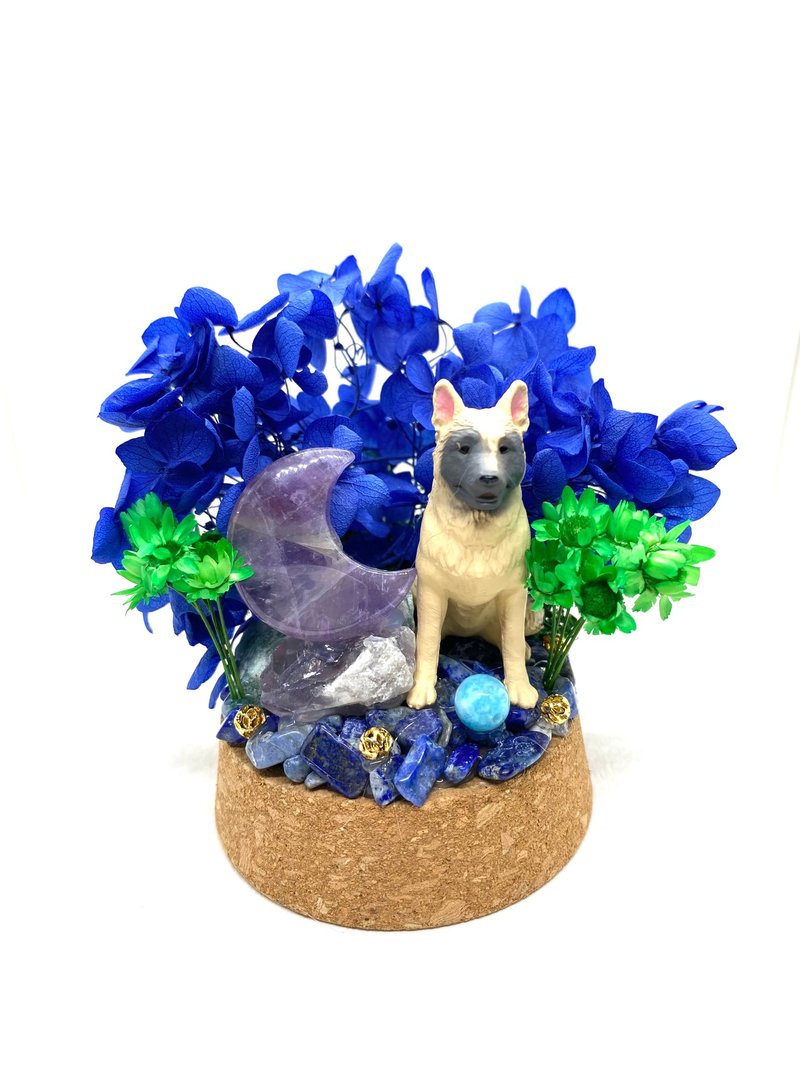 德国牧羊犬与紫水晶月亮/紫水晶/海蓝宝-水晶公仔干燥花摆设 - 摆饰 - 水晶 