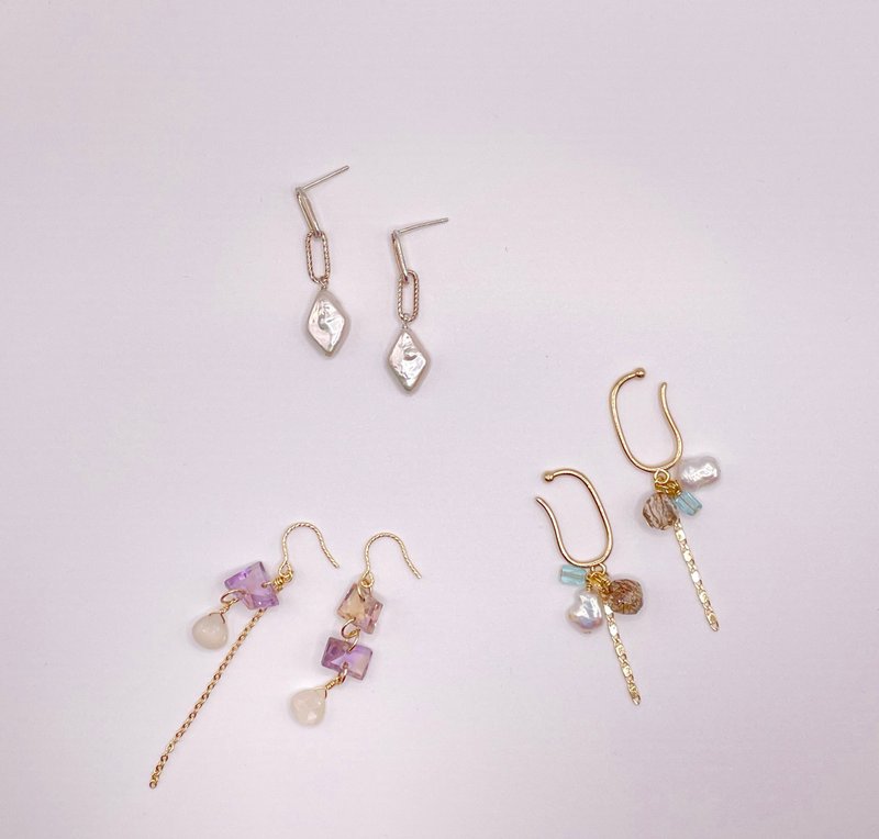 日式耳夹 黑金超七 异形珍珠 - 耳环/耳夹 - 水晶 黑色