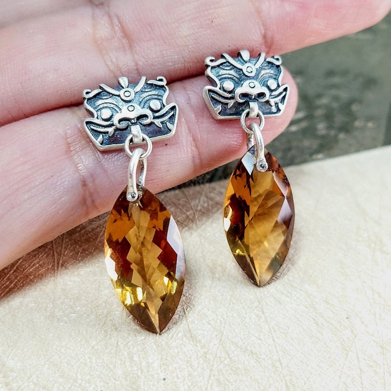 耳环 天然 黄水晶 啤酒晶 925银 貔貅银饰 宝石 - 耳环/耳夹 - 宝石 橘色