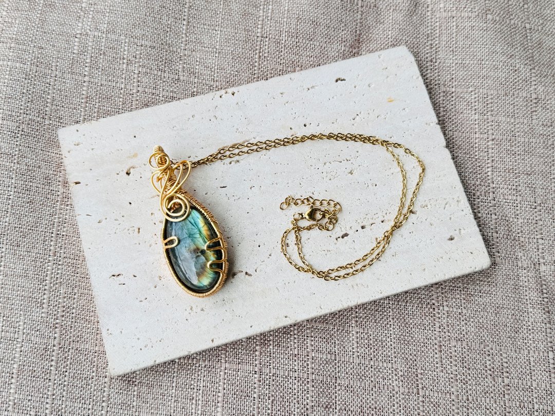 #230359 wire wrapping 拉长石 铜线 绕线 吊堕 - 项链 - 铜/黄铜 蓝色