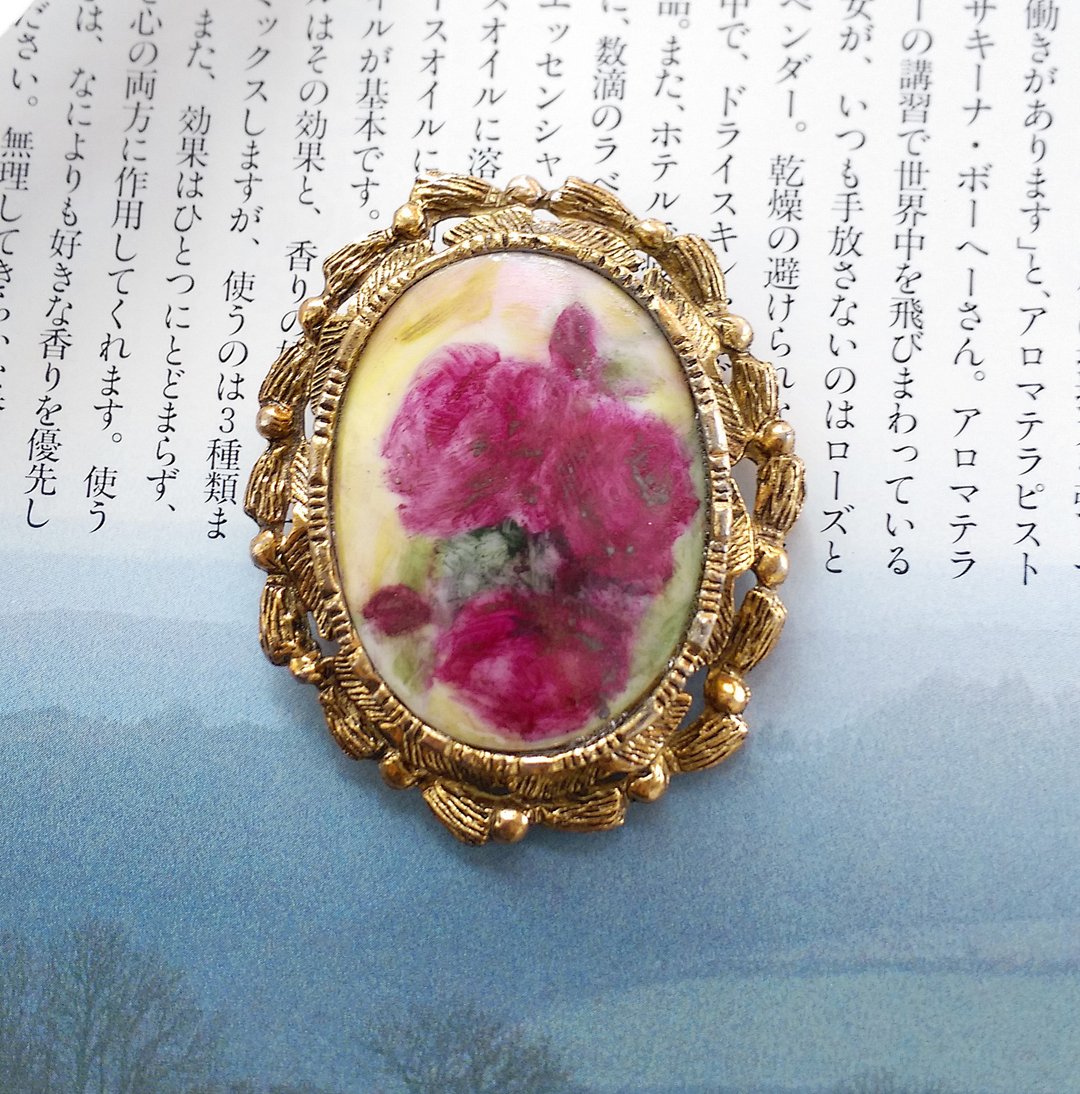 Vintage Jewelry 典雅 花卉 油画 气质 别针 胸针 - 徽章/别针 - 其他金属 金色