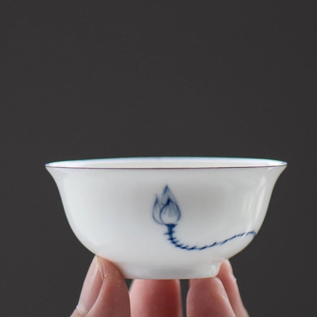 闻说|景德镇手绘莲花杯 整套6只装 青花釉脂白陶瓷功夫品茗杯茶杯 - 茶具/茶杯 - 陶 