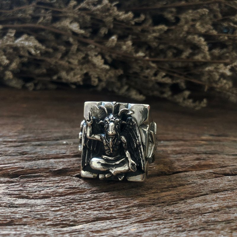 Baphomet ring Pentagram sterling silver Seal of Satan Illuminati Goat Caduceus - 戒指 - 其他金属 银色