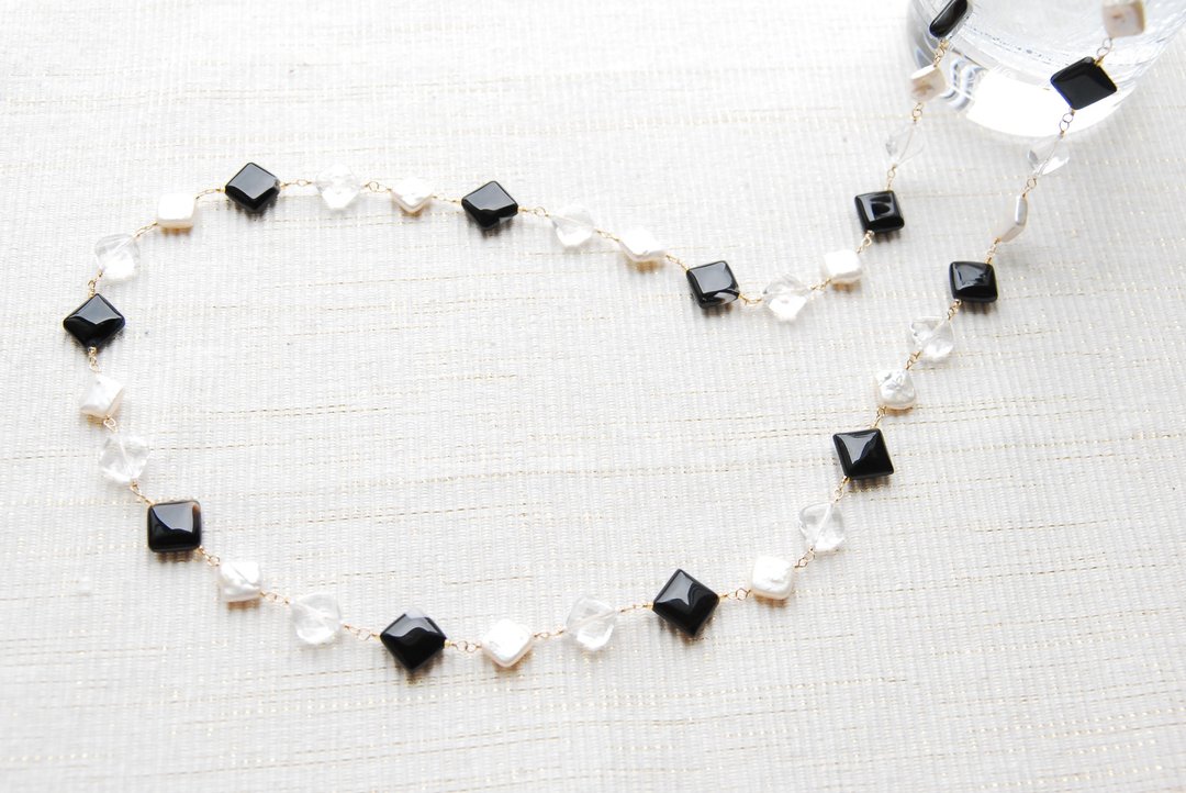 Onyx and crystal diamond necklace 14kgf - 项链 - 半宝石 黑色