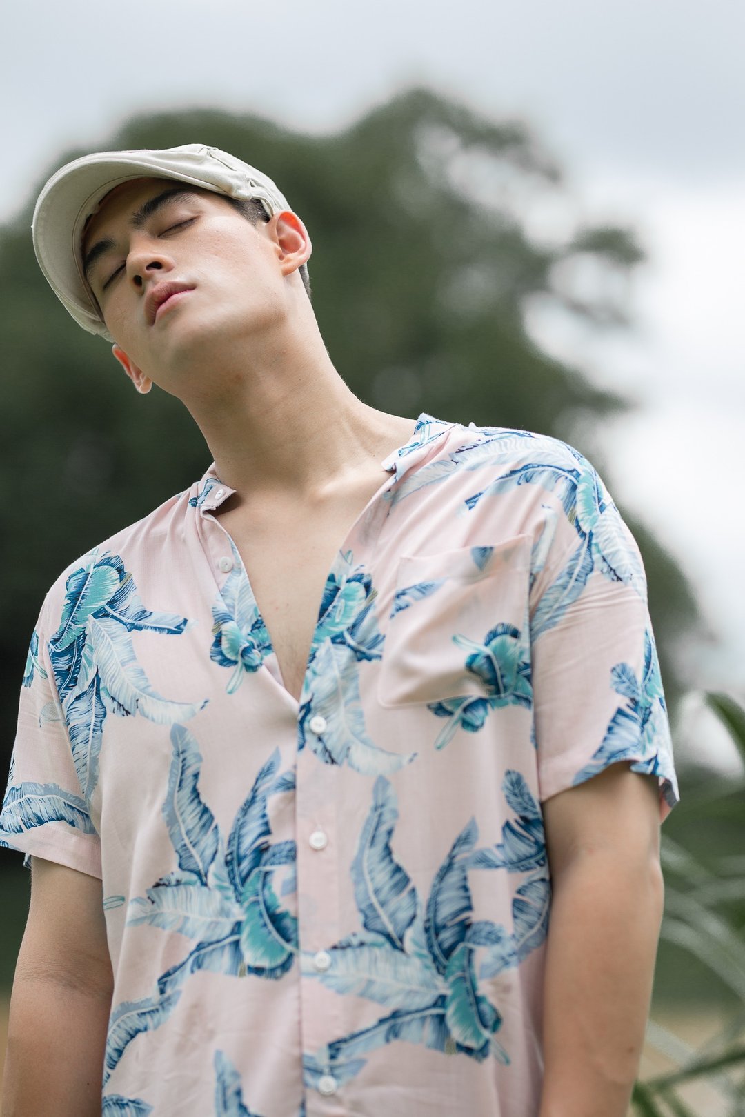 JUN Tropical Printed Banded Collar Short Sleeve Shirt - 男装衬衫 - 棉．麻 粉红色