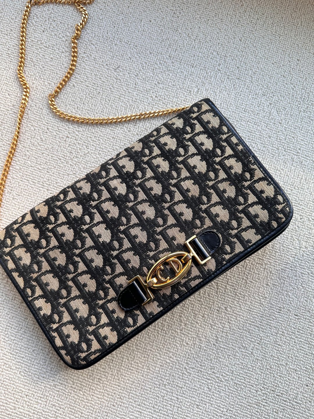 中古包 Christian Dior 海军蓝老花CD浮雕五金链条包 - 侧背包/斜挎包 - 真皮 蓝色