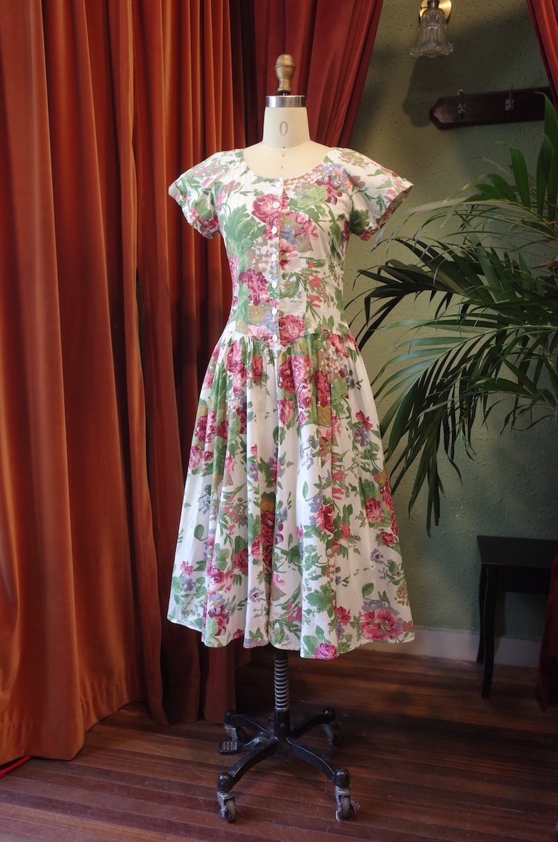 vintage dress浪漫印花收腰剪裁連衣裙古著洋裝 - 洋装/连衣裙 - 棉．麻 