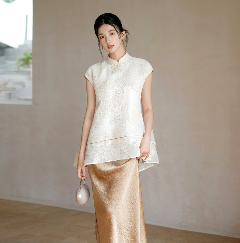 【桑蚕丝】新中式复古中国风 提花立领/真丝上衣/半裙 - 女装上衣 - 丝．绢 金色