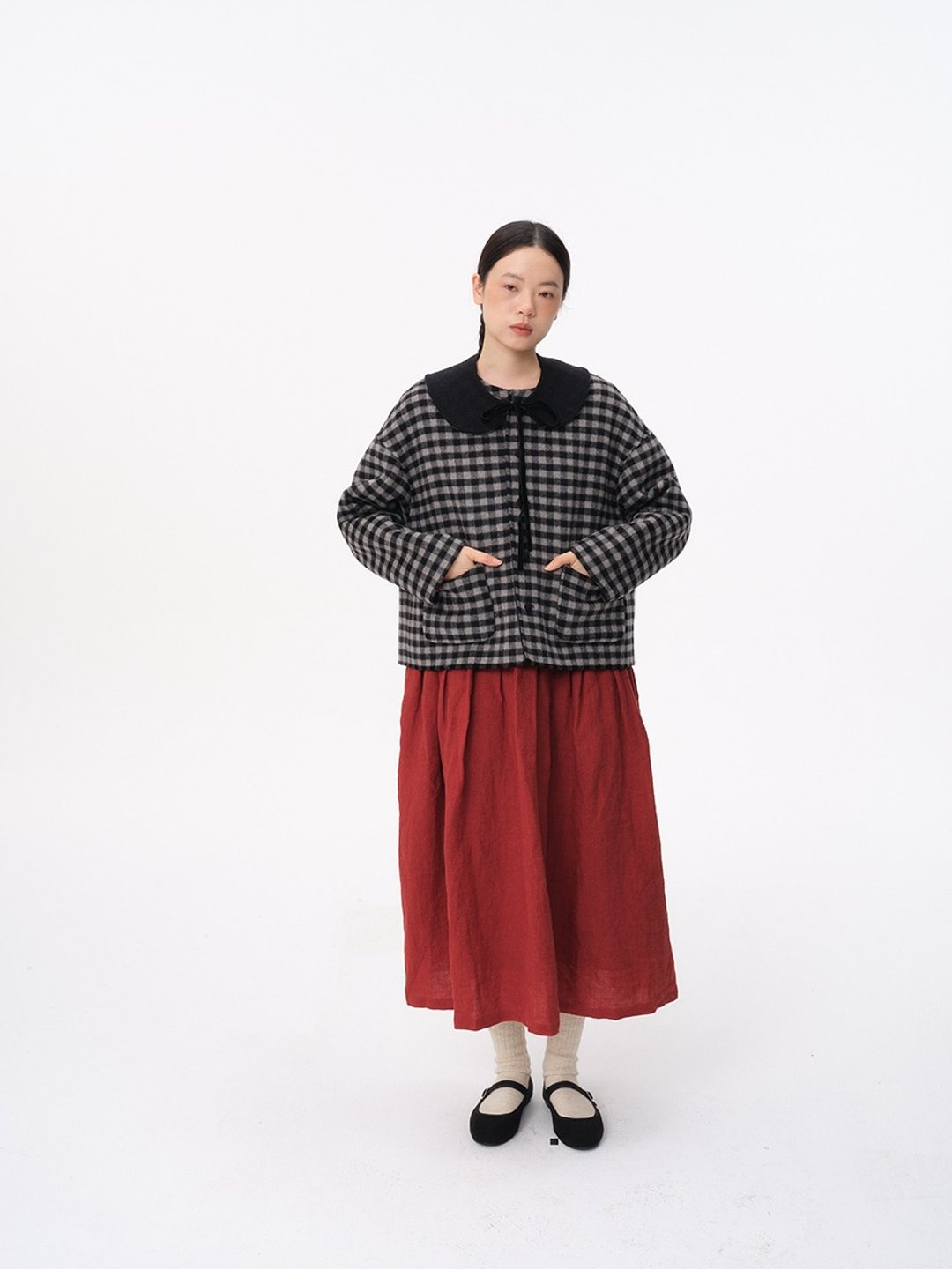 手工羊毛双面尼大衣黑色格子两面穿  送领子 - 女装休闲/机能外套 - 羊毛 红色