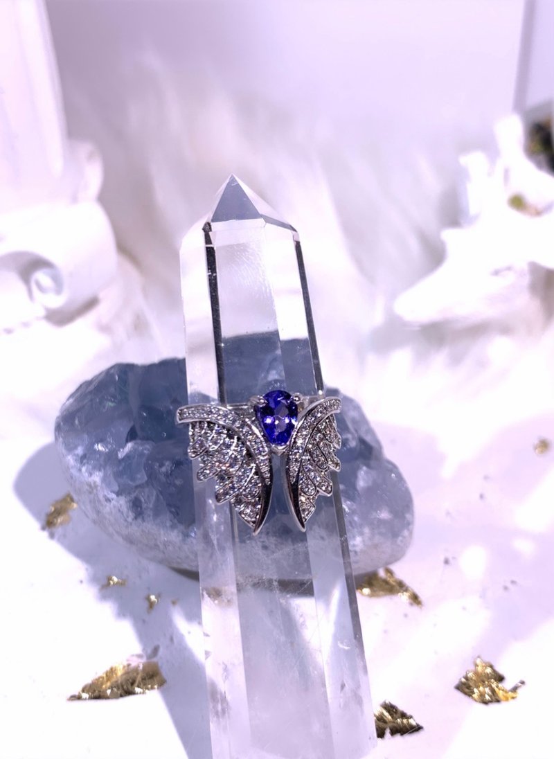 天然丹泉石 丹泉石戒 天使款 0.54克拉 925纯银 12月诞生石 - 戒指 - 宝石 蓝色