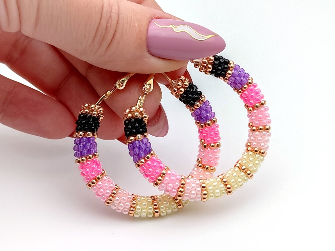 手作, 耳環, 派對, 華麗耳環, Pink hoop earrings, Big stud hoop earrings. Handmade earrings - 耳环/耳夹 - 玻璃 