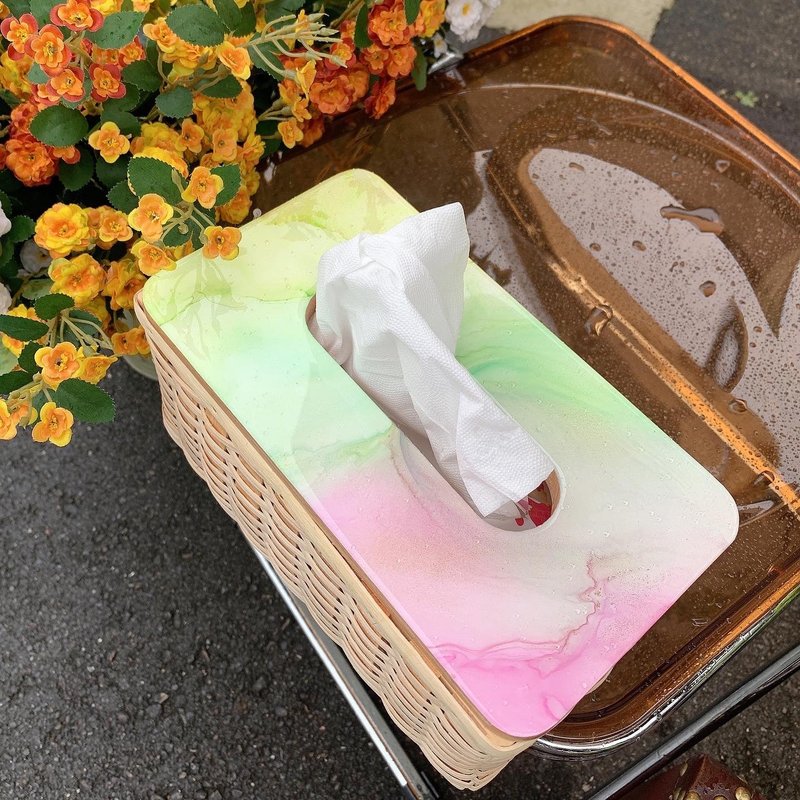 -藤编面纸盒-酒精墨水艺术收纳alcohol ink 居家空间装饰面纸盒 - 纸巾盒 - 其他材质 