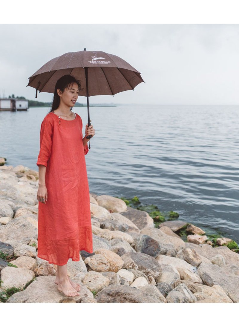 拾弃原创薄苎麻西瓜红色宽松百搭简洁水滴一粒扣袍子连衣裙 - 裙子 - 棉．麻 