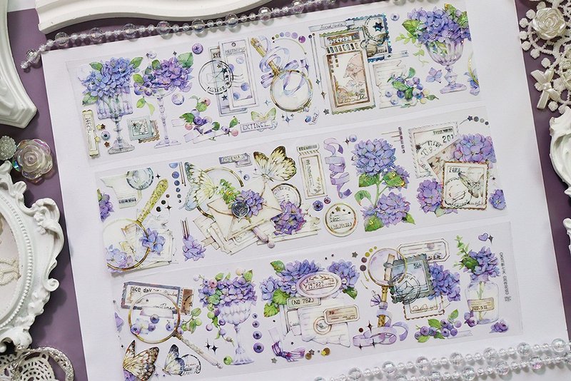 OKMT新七天X二妃 原创流麻咕卡贴纸PET手帐胶带贝壳光 风传花信 - 纸胶带 - 塑料 紫色