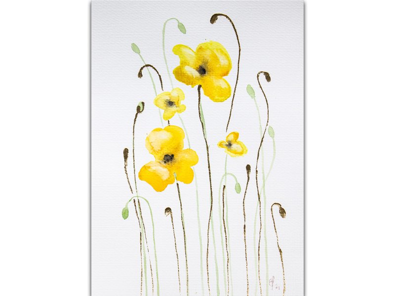 Poppy Painting Yellow Poppies Original Art Minimalist Watercolor Hand-Painted - 海报/装饰画/版画 - 纸 黄色