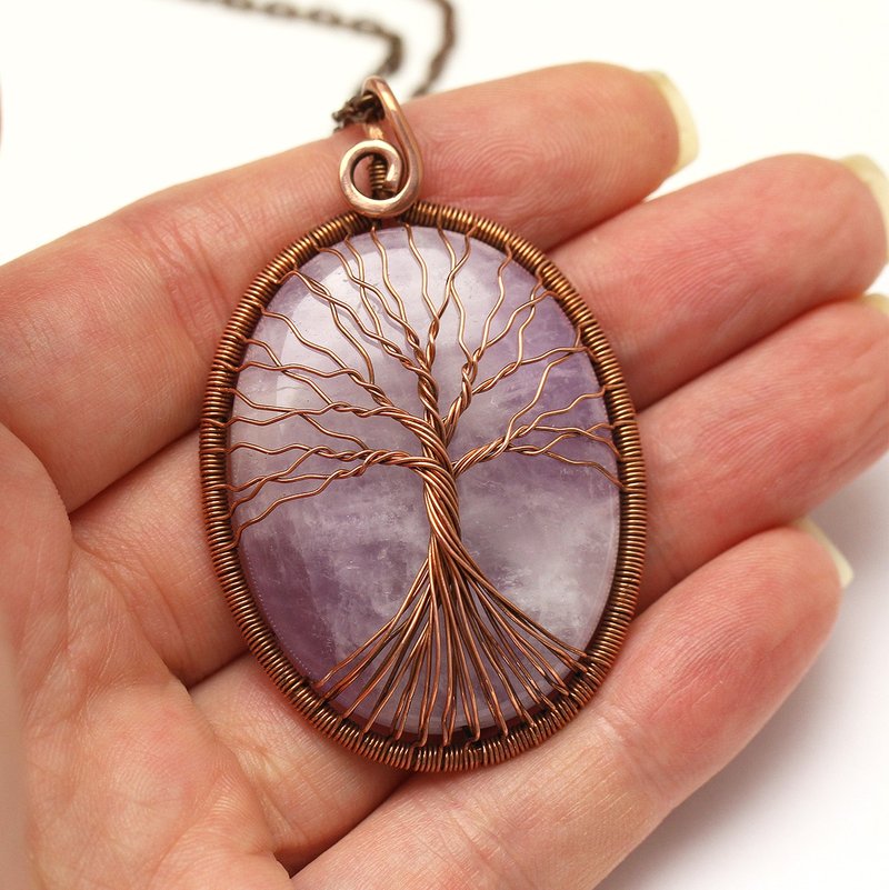 Amethyst Pendant Copper Wire Wrapped Necklace February Birthstone Jewelry - 项链 - 半宝石 紫色