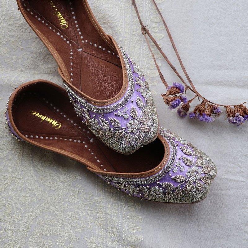 紫丁香復古刺繡平底鞋 / 仙氣紫色重工設計 / 舒適軟底防滑款 - 穆勒鞋 - 真皮 紫色