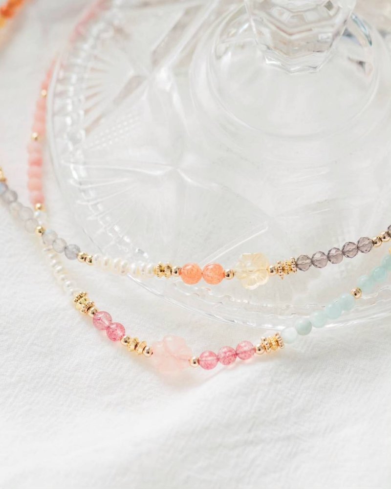 花漾美好。粉晶小花 草莓晶 绿天使石 14K包金 水晶矿石设计项链 - 项链 - 水晶 粉红色