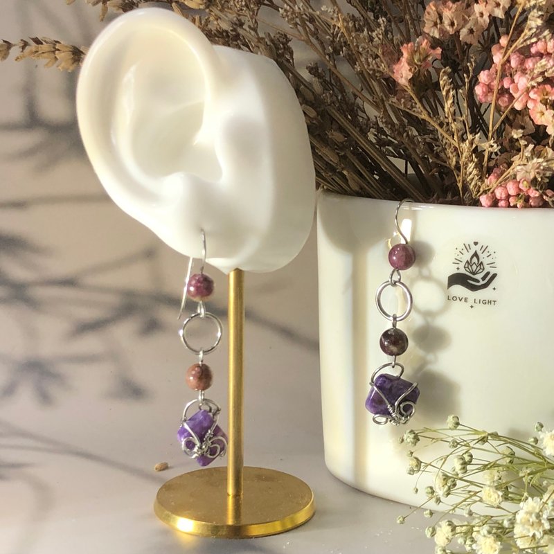 紫龙晶x碧玺 手作耳环 316全钢制作 医疗钢 - 耳环/耳夹 - 不锈钢 紫色