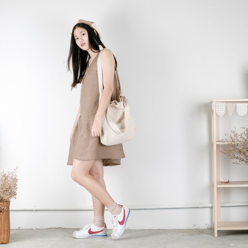 Beige Stripe Linen Tote Bag - 侧背包/斜挎包 - 亚麻 咖啡色