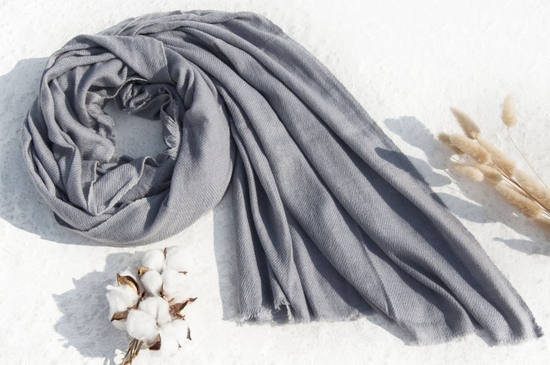 喀什米尔Cashmere/羊绒围巾/纯羊毛围巾披巾/戒指绒披肩-冷调灰色 - 围巾/披肩 - 羊毛 灰色