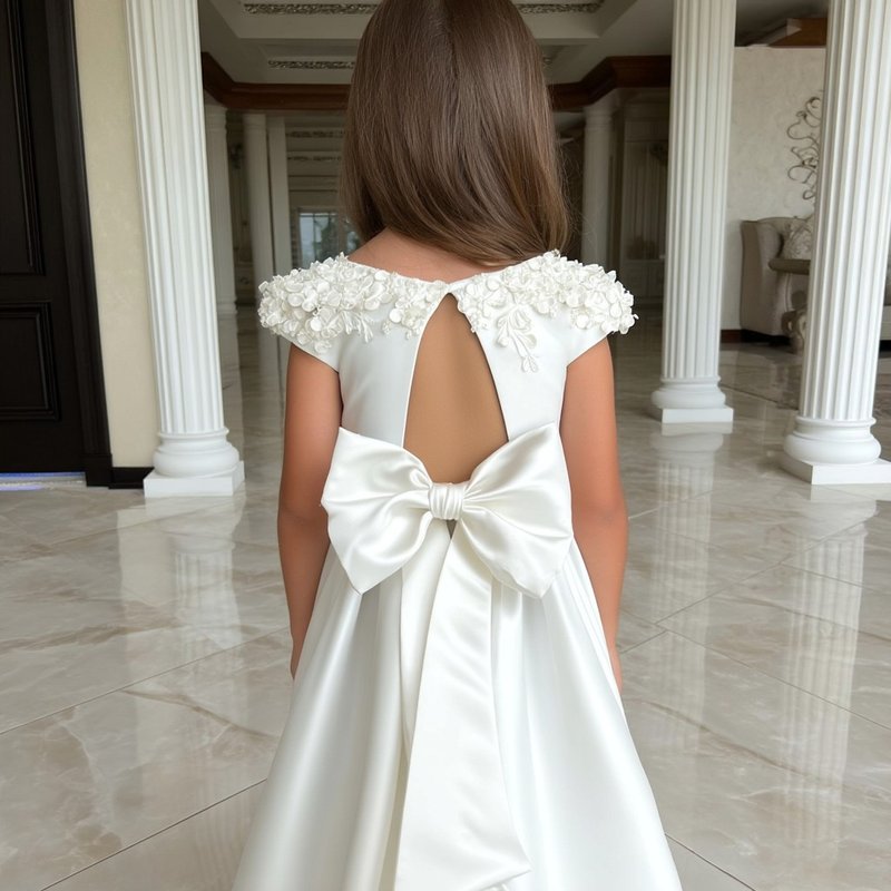 奢华象牙色露背女童连衣裙配大缎带蝴蝶结 - 童装礼服/连衣裙 - 其他材质 多色