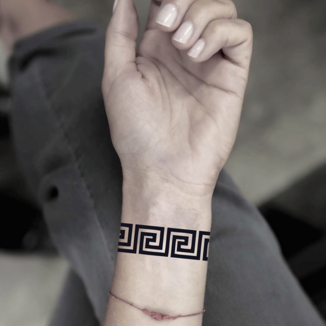 OhMyTat 希腊键纹花边 Greek Key 刺青图案纹身贴纸 (2 张) - 纹身贴 - 纸 黑色