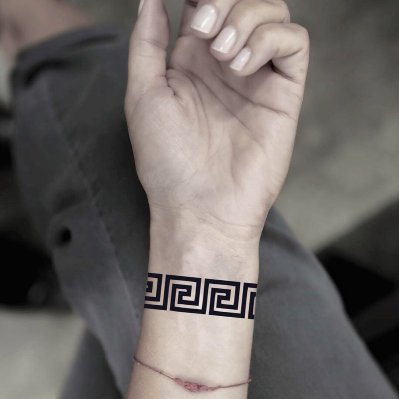 OhMyTat 希腊键纹花边 Greek Key 刺青图案纹身贴纸 (2 张) - 纹身贴 - 纸 黑色