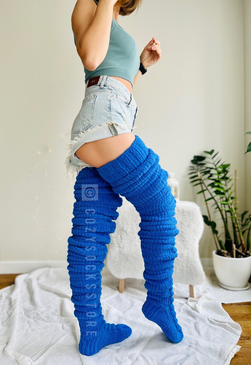 毛绒过膝袜 男士袜子 过膝袜 定制家居内衣 - 丝袜 - 聚酯纤维 蓝色