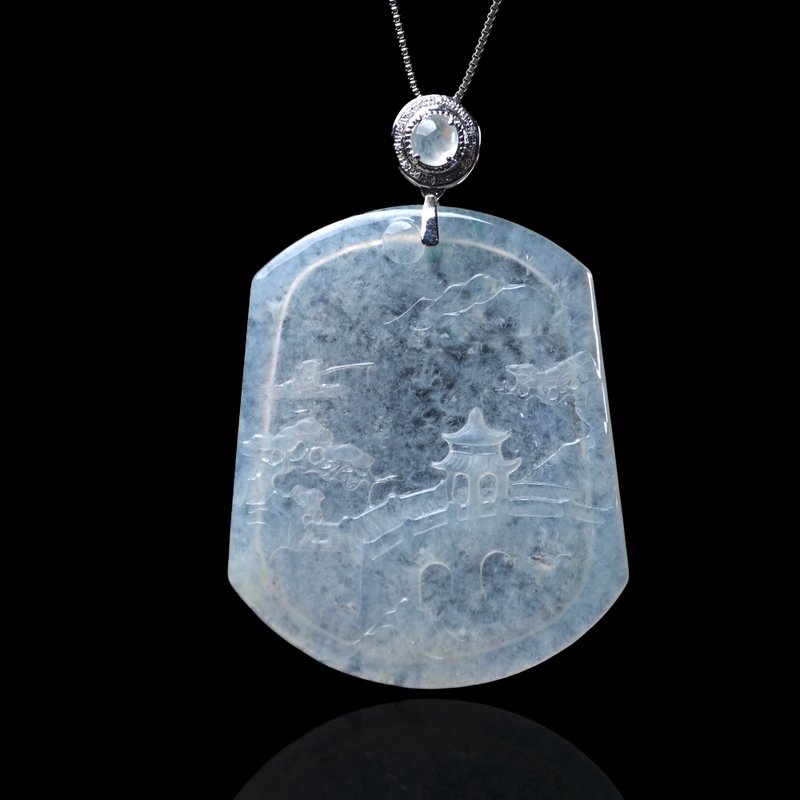 高冰种翡翠山水牌项链 18K金钻石 | 天然缅甸玉翡翠A货 | 送礼 - 项链 - 玉石 白色