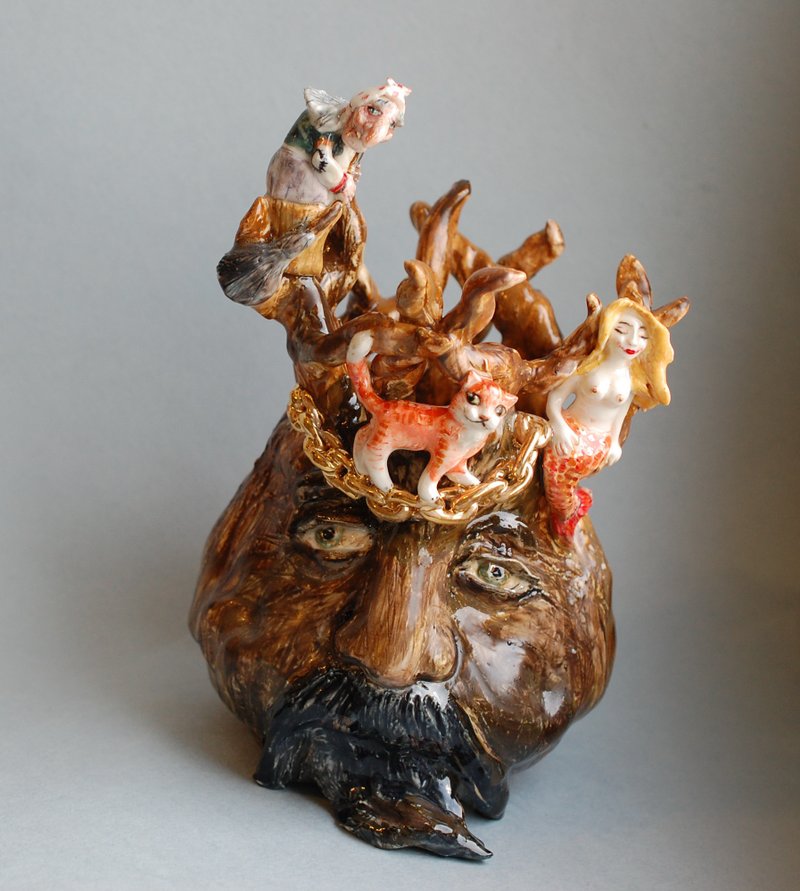 Ceramic art vase living face tree Decorative vase Fairy tale Ceramic sculpture - 花瓶/陶器 - 瓷 多色