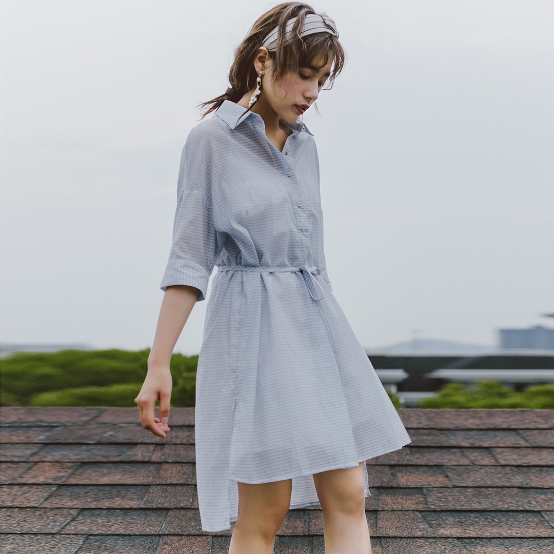 安妮陈2018夏装新款文艺女装条纹衬衫中长款连身裙洋装 - 洋装/连衣裙 - 棉 蓝色