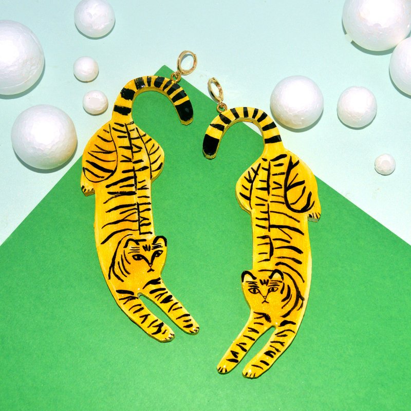 虎虎生风 巨型萌系老虎造型用装饰 耳环 耳夹 - 耳环/耳夹 - 木头 金色