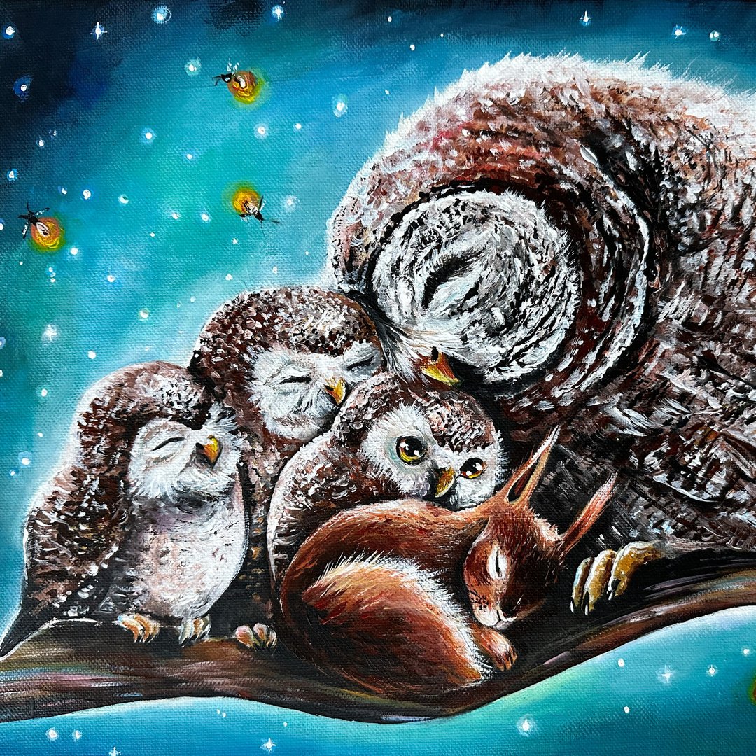 猫头鹰画布 猫头鹰壁画 森林艺术 动物壁画 红松鼠 - 墙贴/壁贴 - 棉 蓝色