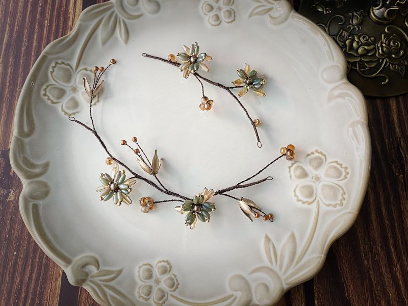 手工新娘饰品 绿意新芽 水晶琉璃珠发饰2件组 - 发饰 - 其他材质 