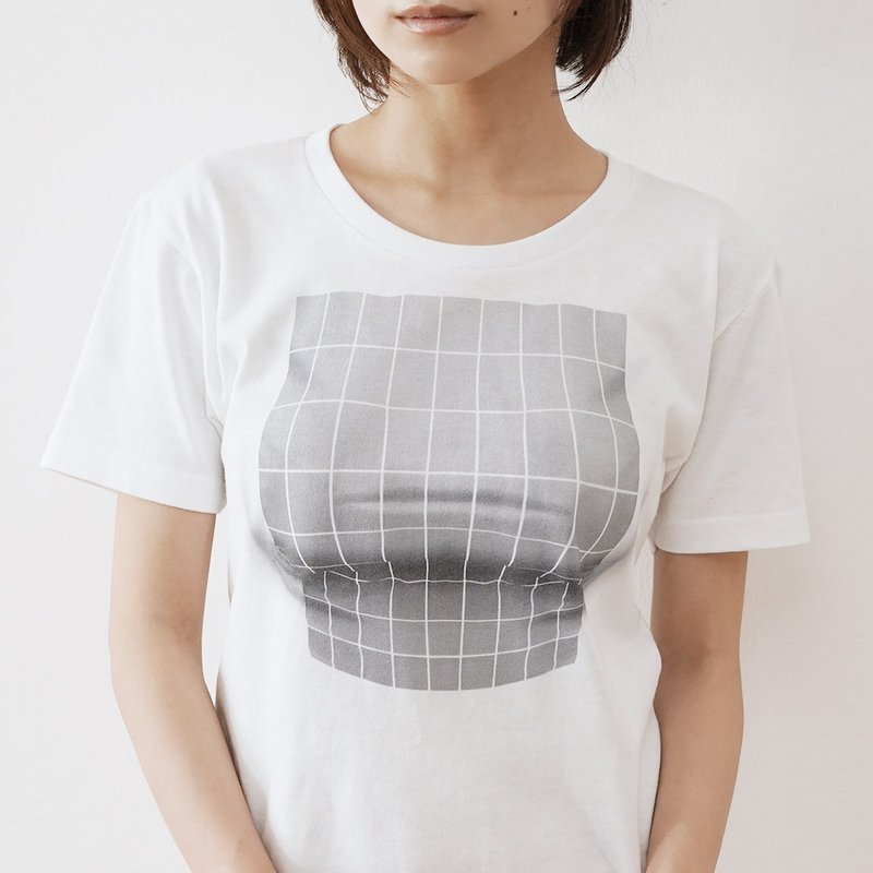Mousou Mapping T-shirt/ Illusion grid - 女装 T 恤 - 棉．麻 灰色
