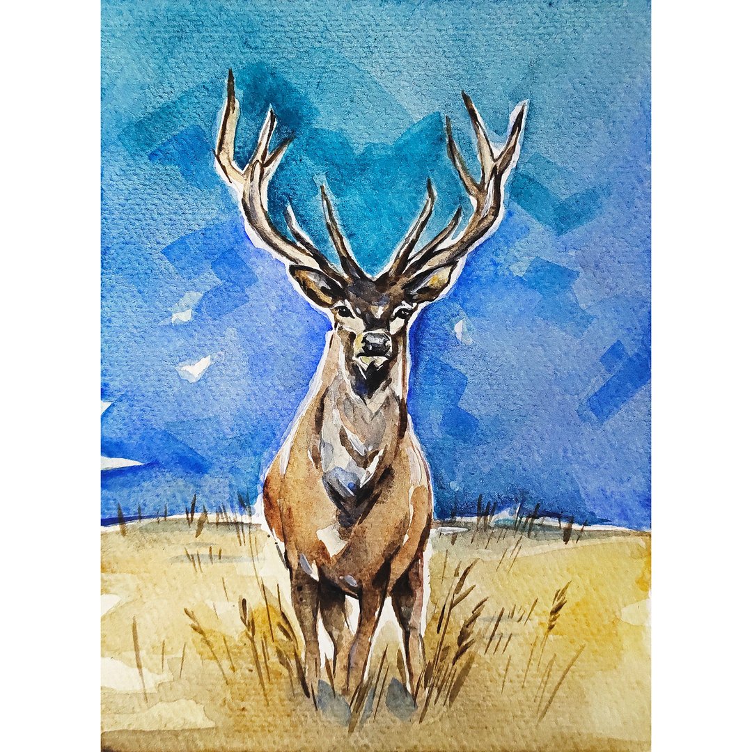 Deer Painting Original Art Wild Animal Artwork Watercolor Painting Deer Wall Art - 海报/装饰画/版画 - 纸 蓝色