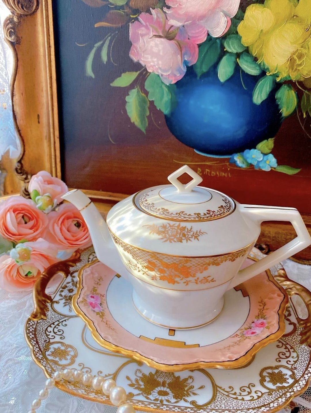 日本骨瓷 NORITAKE 1911年立体手绘玫瑰24K 金古董壶花茶壶单人壶 - 茶具/茶杯 - 瓷 黄色