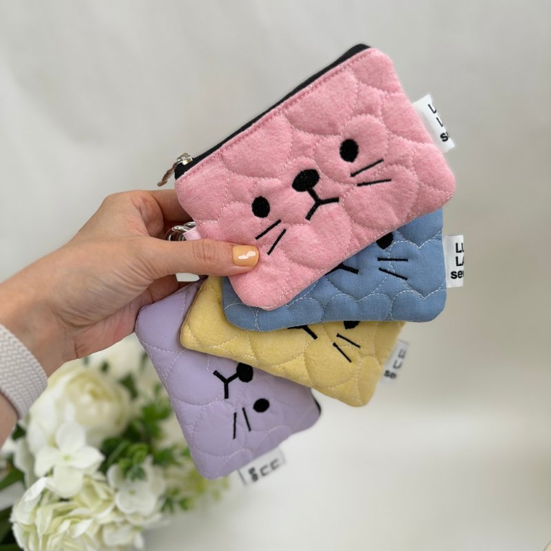 猫脸刺绣零钱包 大心款 - 零钱包 - 棉．麻 粉红色
