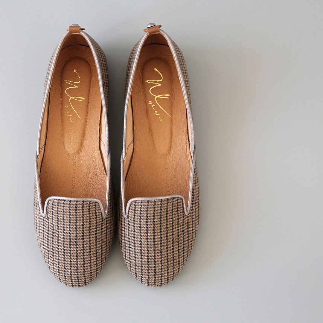 Grid Flats(平底) 英伦系 | WL - 芭蕾鞋/娃娃鞋 - 棉 卡其色