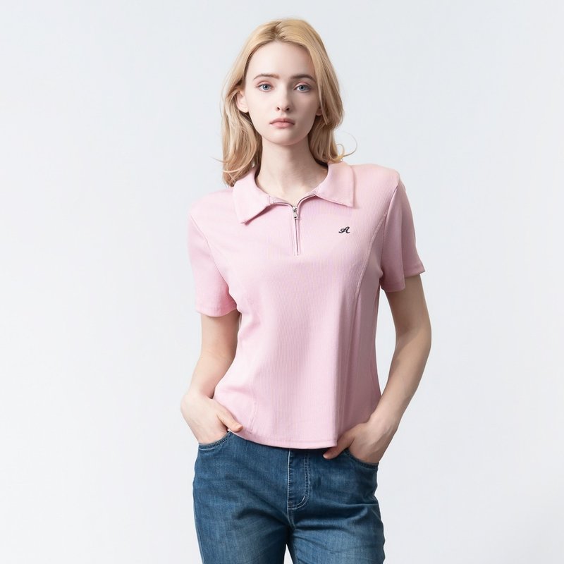 【ICare】粉红lulu风A字切接POLO衫(F) | 女T恤 女休闲上衣 - 女装 T 恤 - 棉 粉红色