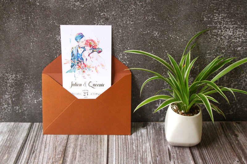 定制婚礼喜帖设计 【含印刷信封贴纸】 | 啾吉水彩人像画结婚礼物 - 喜帖 - 纸 咖啡色