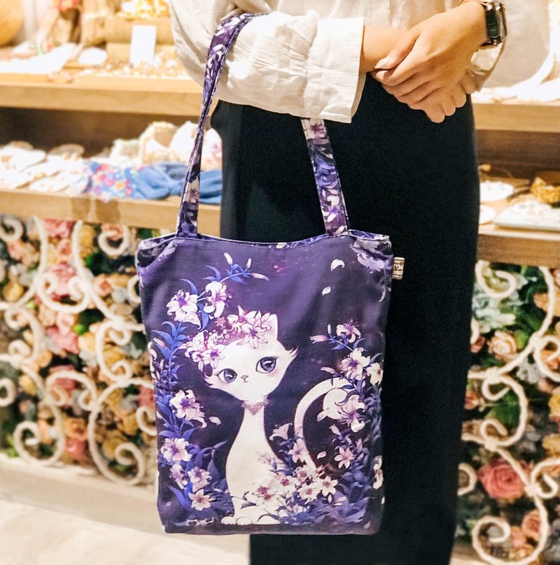 帆布袋 | 侧背包 | 拉链款 - 百合花 •甜美小女王猫 - 手提包/手提袋 - 棉．麻 紫色