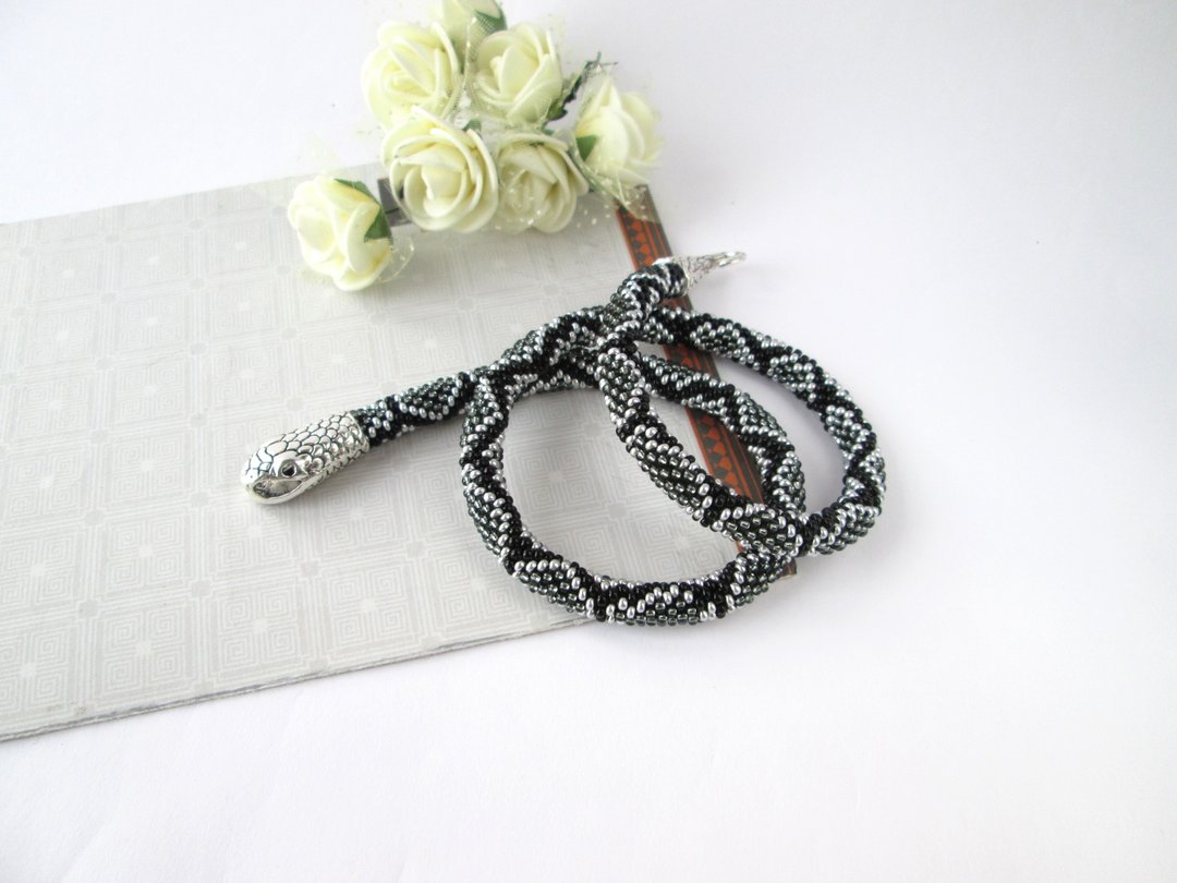 Gray Snake Necklace bracelet Black Gothic rope Witch Jewelry Beaded Necklace Wit - 手链/手环 - 其他材质 灰色